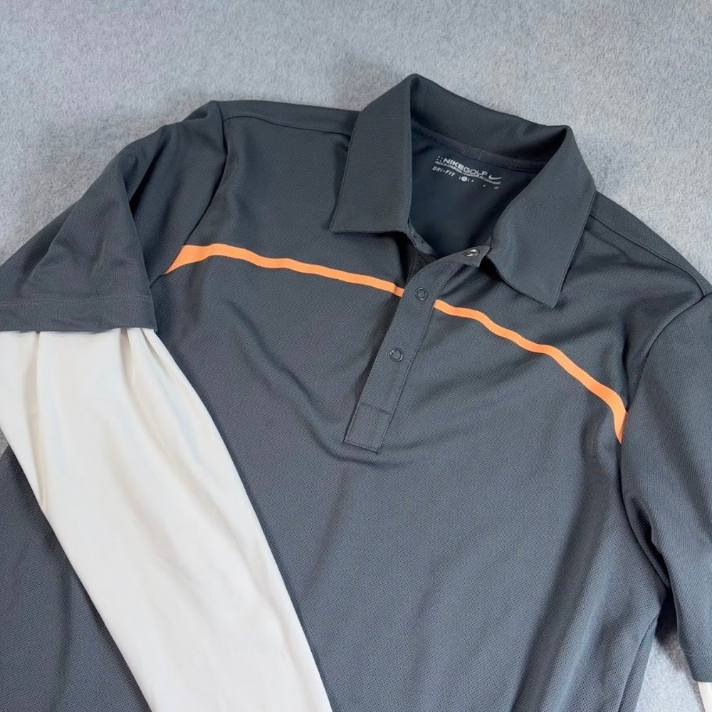 Nike Golf Polo Shirt Mens S Gray White Orange Stripe Dri-FIT Layered Long Sleeve